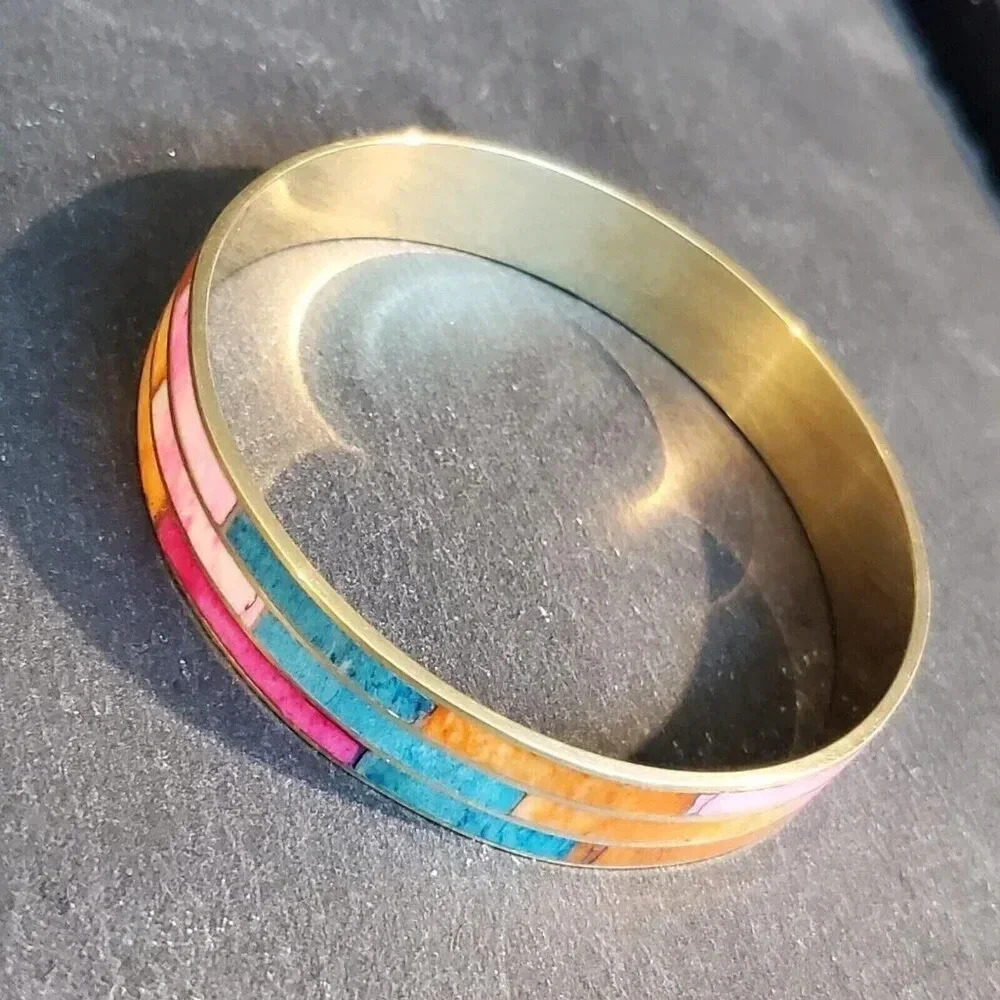 Geometric Orange Pink Blue Mother of Pearl Shell India Brass Bangle Bracelet
